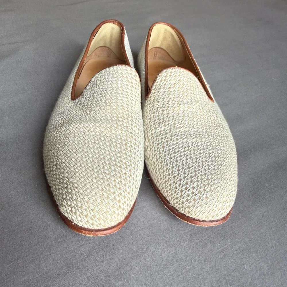 Peter Millar Mens 8M Woven Raffia Leather Loafers Beige Made in Brazil Old Money